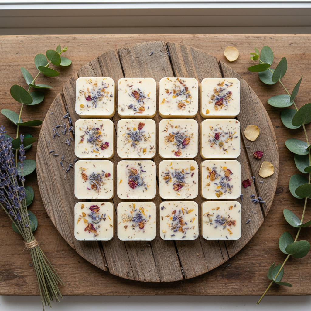 Square Botanical Wax Melts on Wooden Mat
